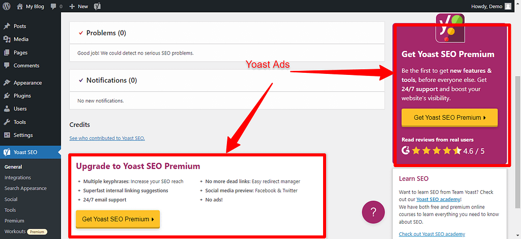 Yoast SEO ads in WordPress dashboard