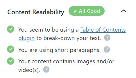 Rank Math readability analysis