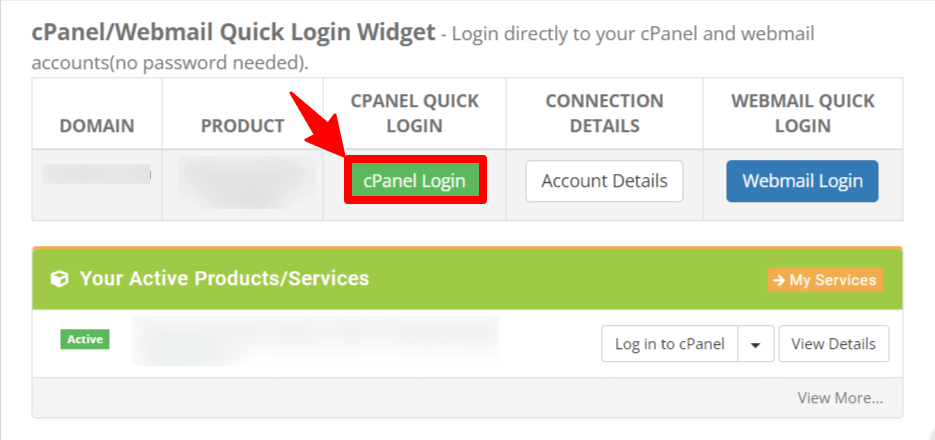 cPanel login link in HostPinnacle account dashboard